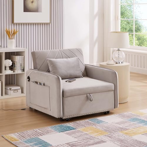 Black Velvet Convertible Sofa Bed Chair with USB Ports X854