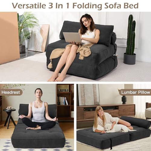 Folding Convertible Sofa Bed with Pillow, Black Linen Fabric N5751
