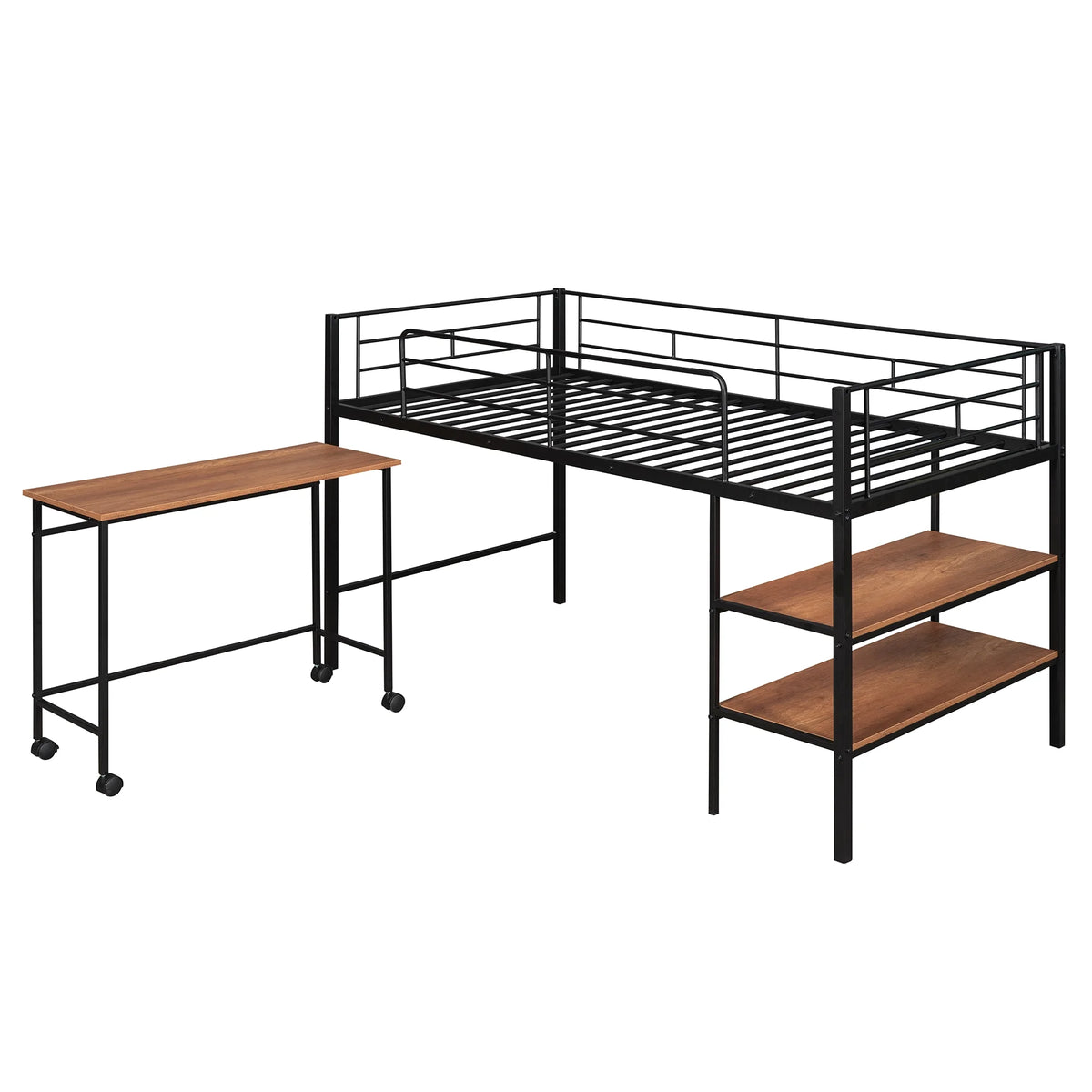 Twin Size Black Metal Loft Bed with Desk and Shelving Y2279