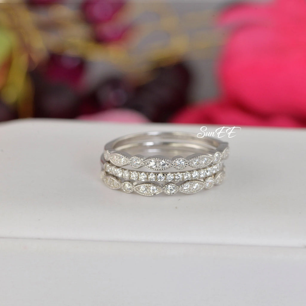 0.7ct Half Eternity Art Deco Wedding Band Stack Promise Ring Diamond Simulated 925 Sterling Silver Anniversary Ring V602174