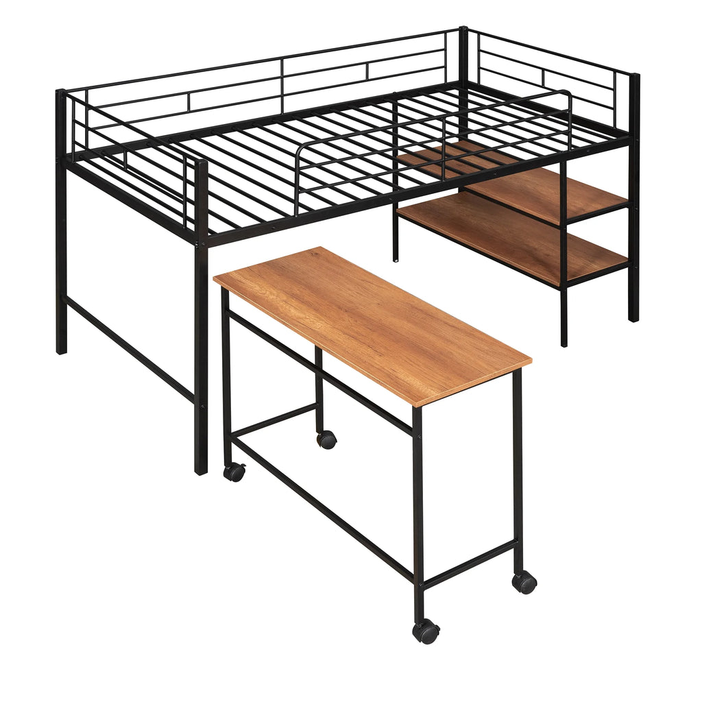 Twin Size Black Metal Loft Bed with Desk and Shelving Y2279
