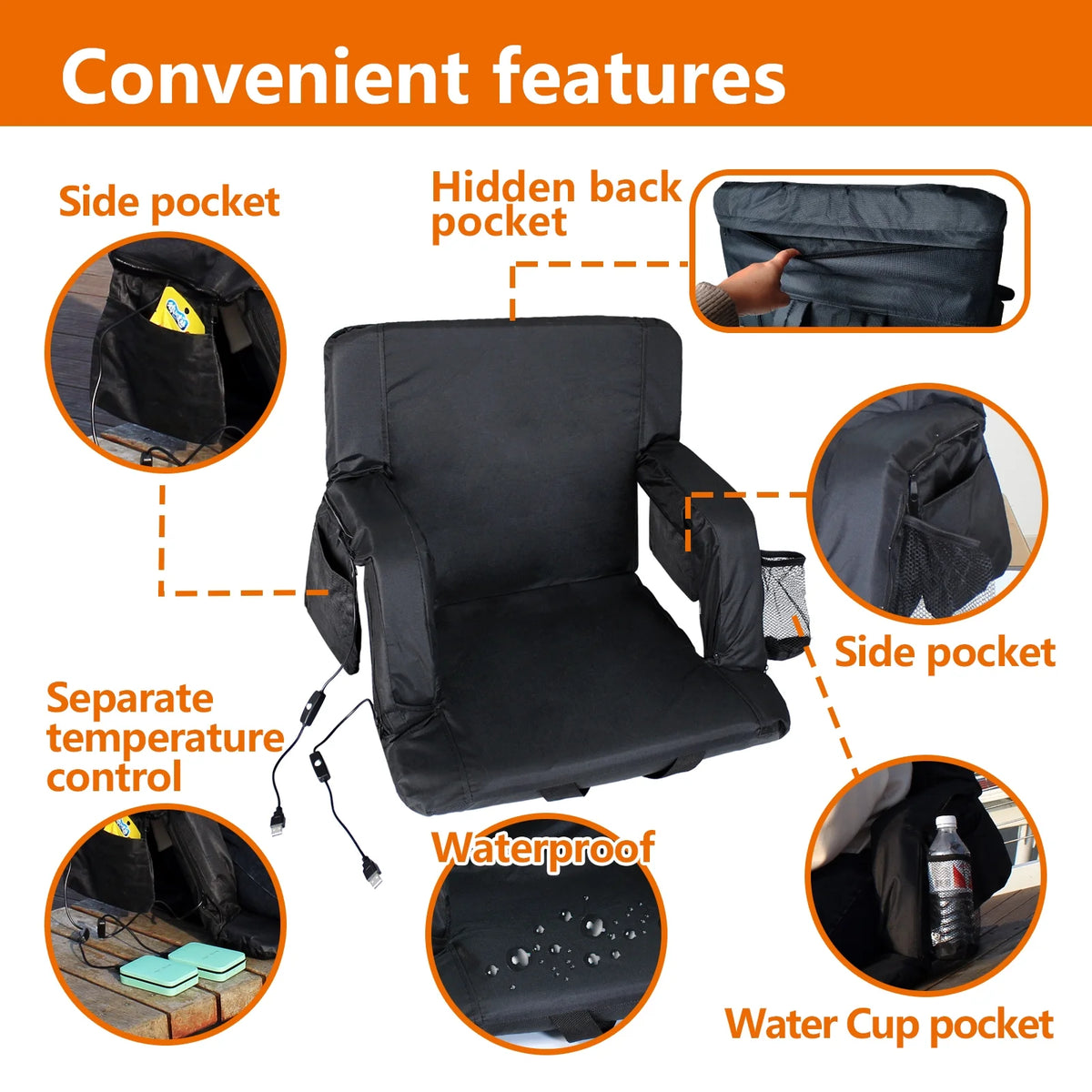 Double Heated Stadium Seat with Back Support, 21" Extra Wide Folded Bleacher Chair H97950