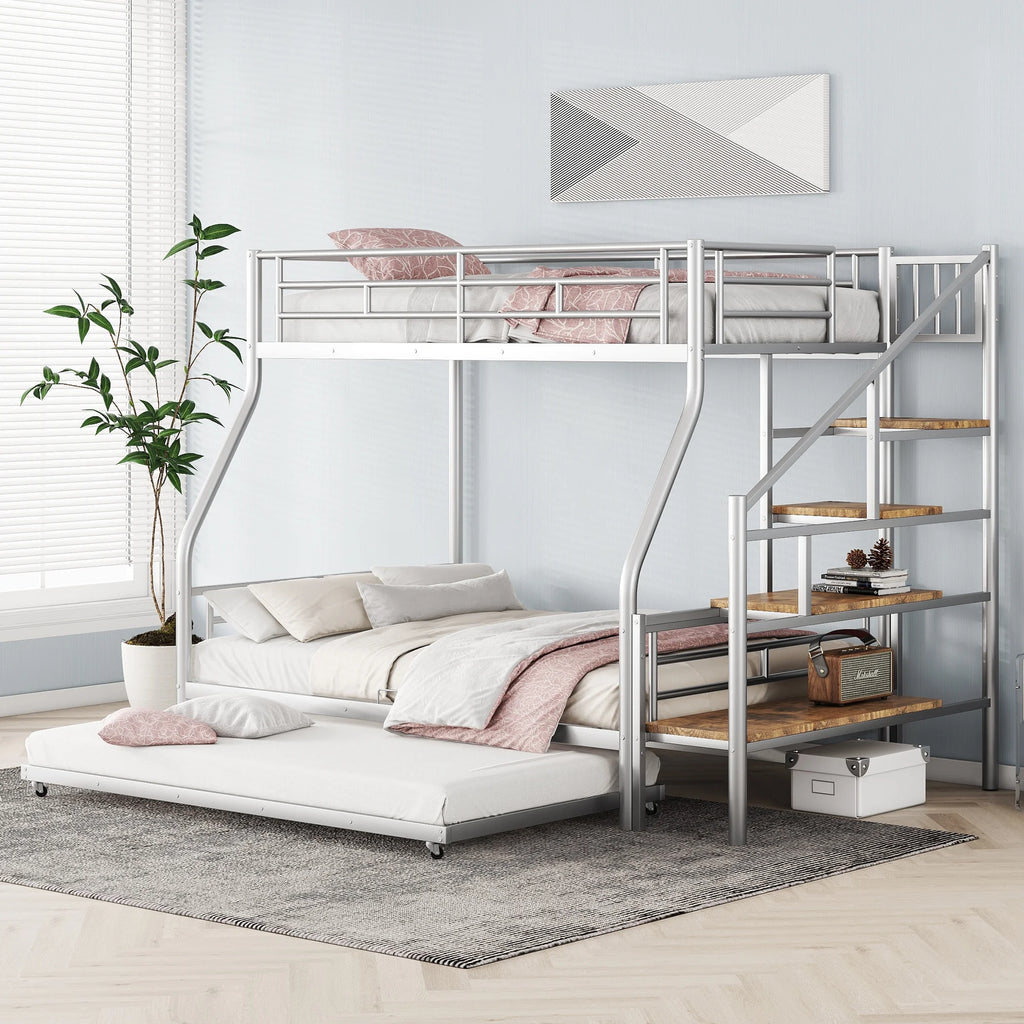Metal Twin over Full Size Bunk Bed with Storage Staircase and Trundle C733552