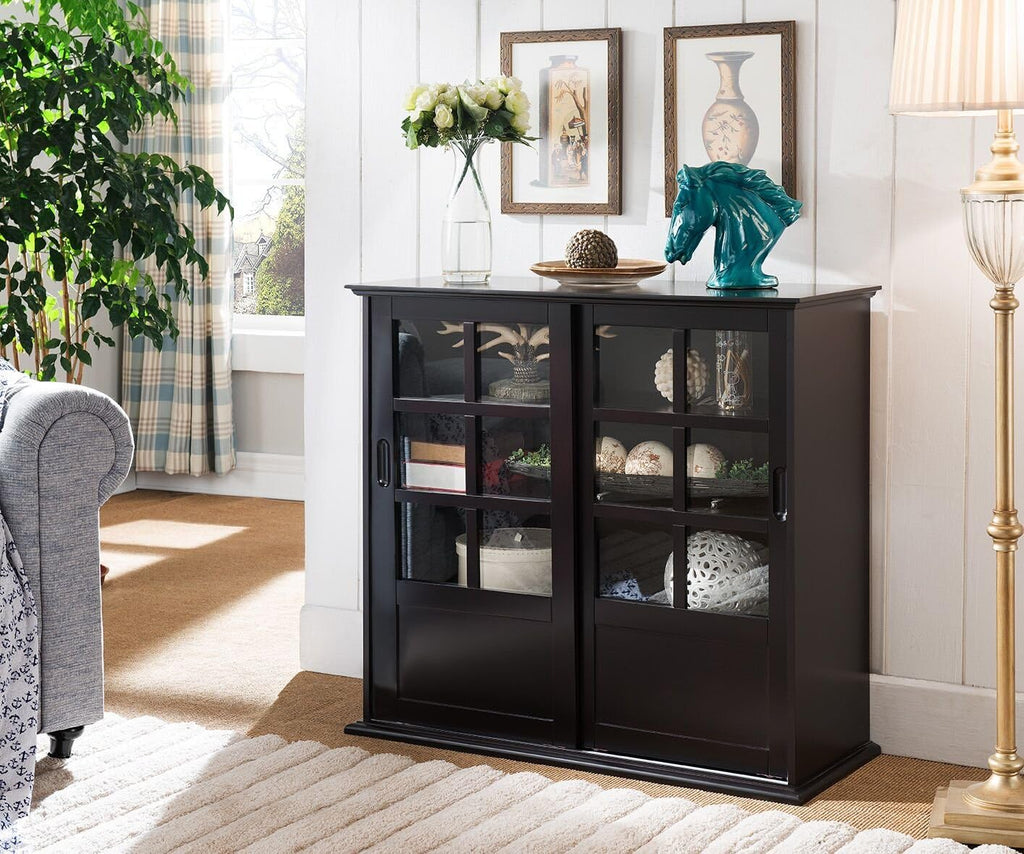 Espresso Wood Curio Cabinet with Glass Sliding Doors R485874