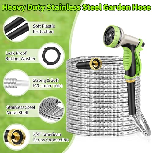 50FT Stainless Steel Heavy Duty Garden Hose with 10 Function Nozzle D49841