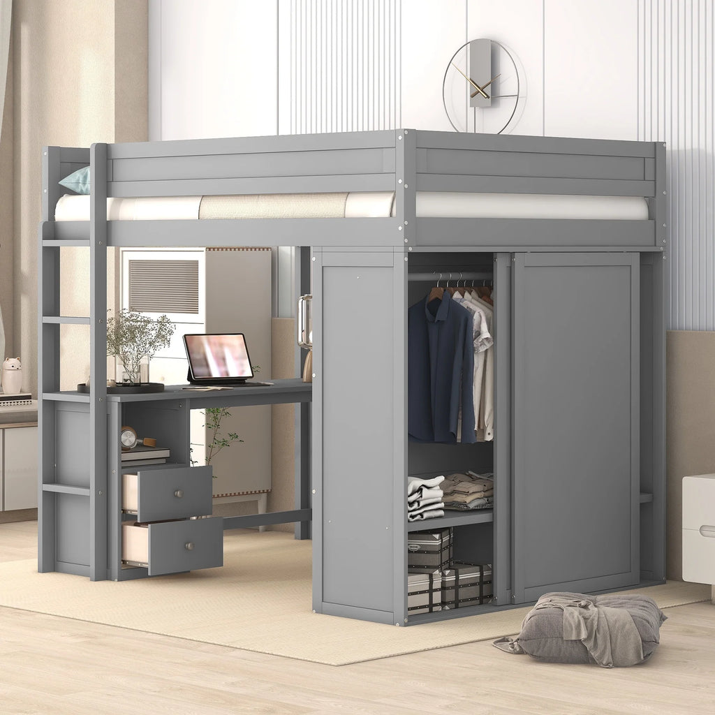 Wood Full Size Loft Bed with Storage Desk, Drawers and Wardrobe Y6554