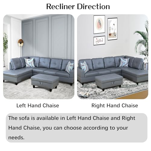 Faux Leather L Shaped Sectional Sofa with Storage Ottoman and Two Pillow M4238