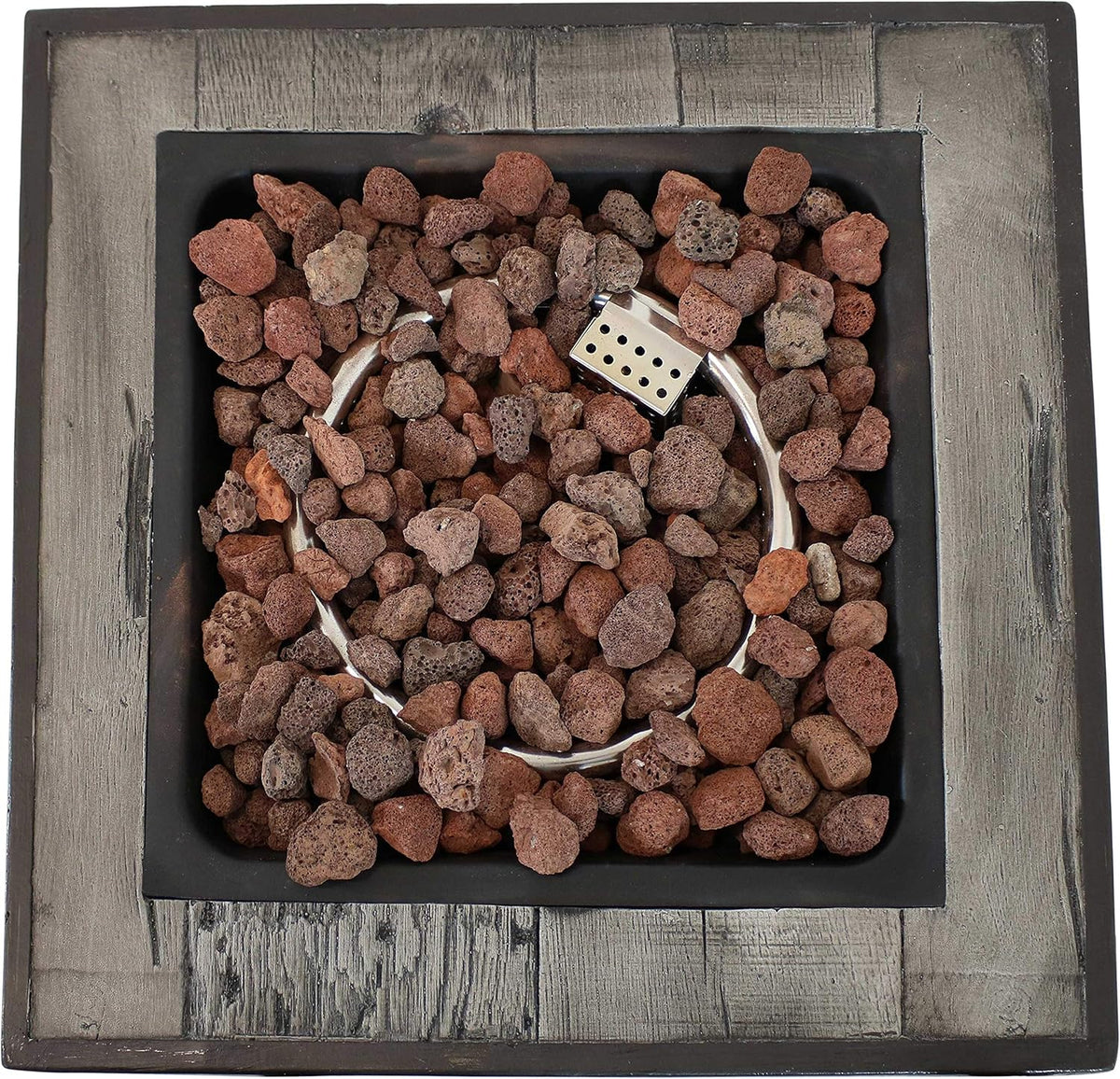 Square Outdoor Propane Gas Fire Pit Table with Weathered Wood Look, Cast Stone, 25 Inches Tall V64029
