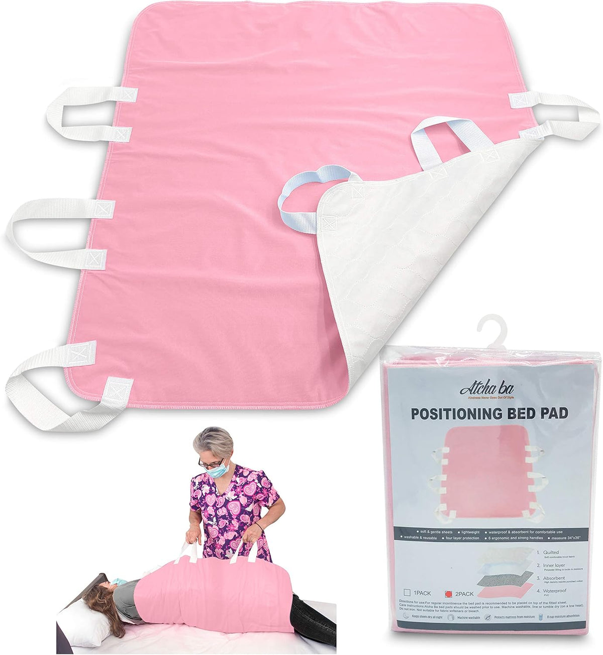 Waterproof Reusable Incontinence Bed Pad with 6 Handles, 34” x 36” (2-Pack Pink) E46470