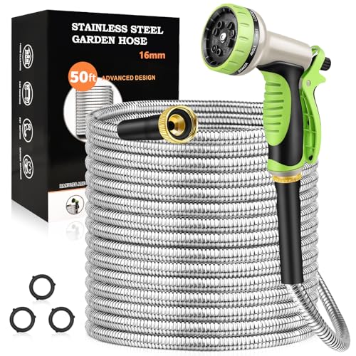 50FT Stainless Steel Heavy Duty Garden Hose with 10 Function Nozzle D49841