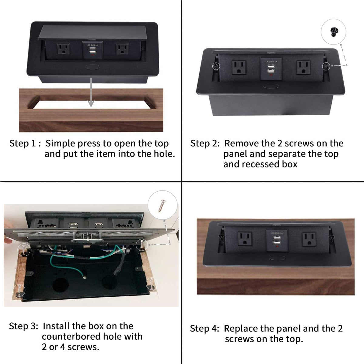Pop up Outlet Desktop Connection Box with 2 Independent Power, USB, RJ45, VGA, HDMI, 3.5 mm Audio, Black, Pack of 2 D506