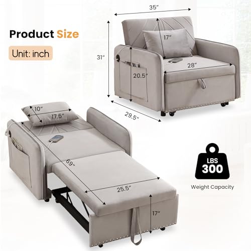 Black Velvet Convertible Sofa Bed Chair with USB Ports X854