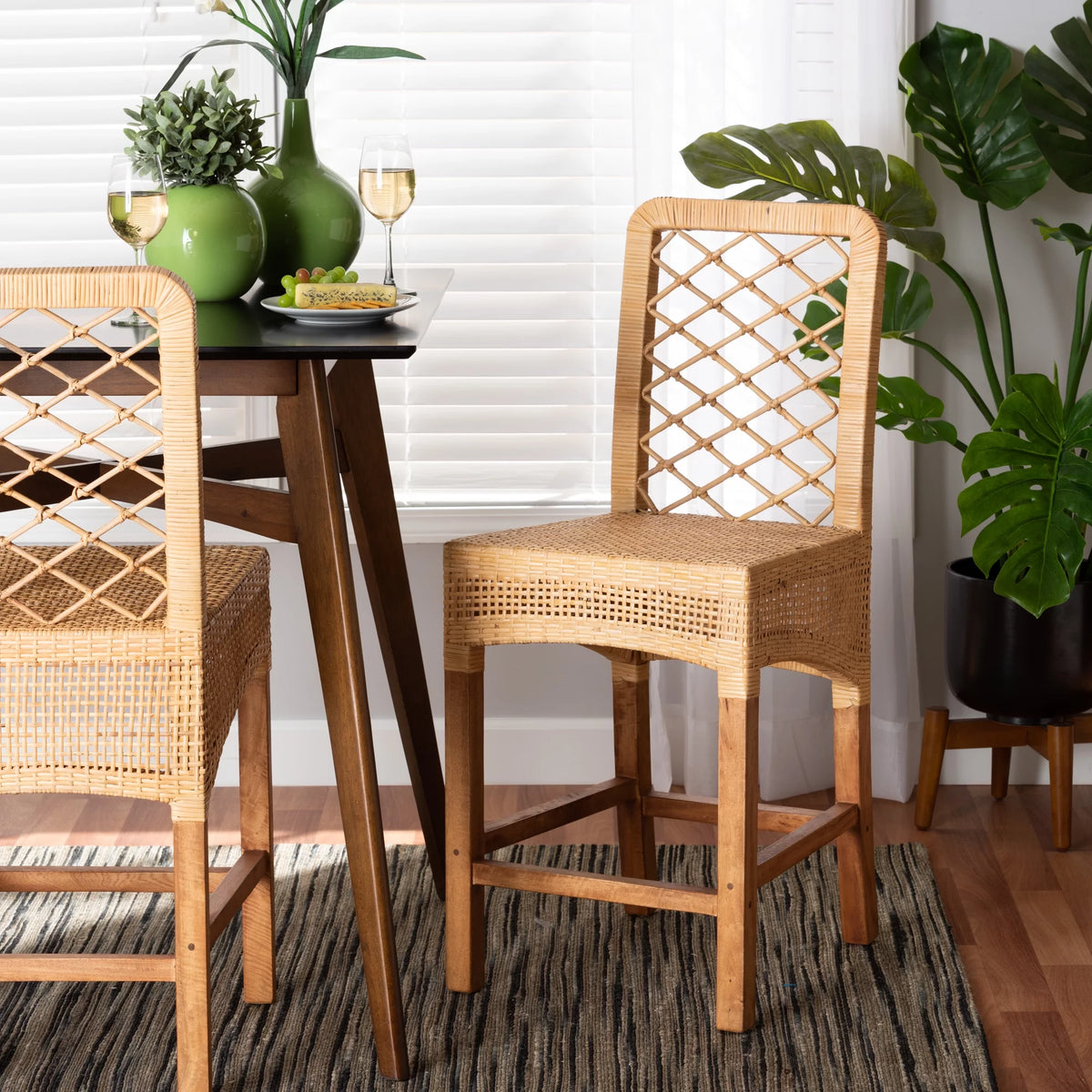 Natural Rattan and Walnut Brown Wood Counter Stool B240775