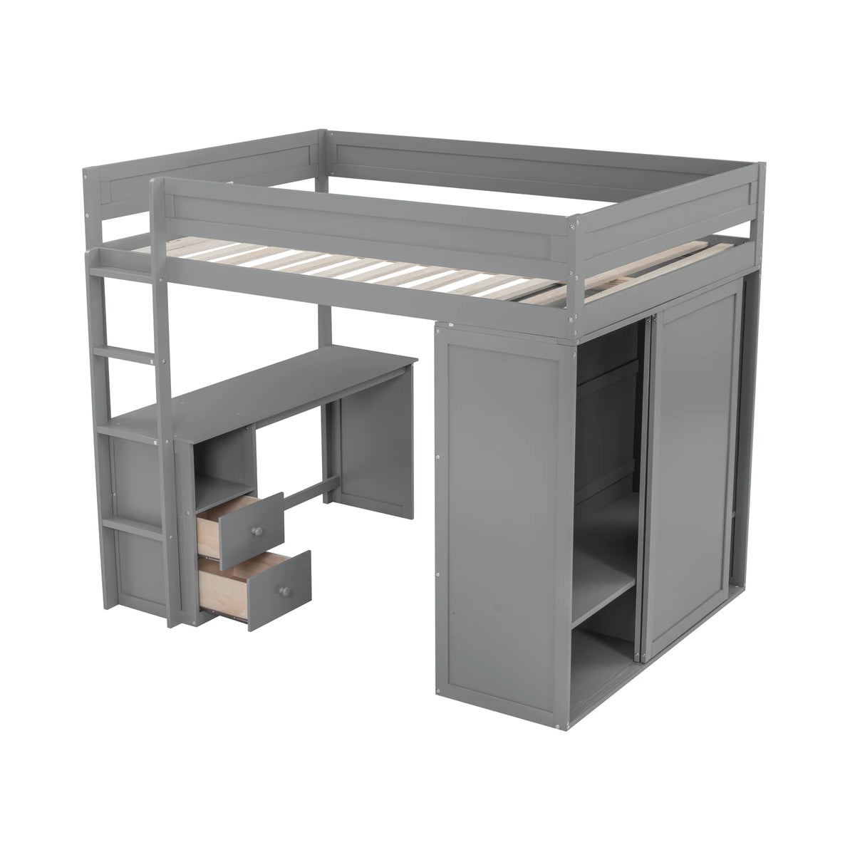 Wood Full Size Loft Bed with Storage Desk, Drawers and Wardrobe Y6554