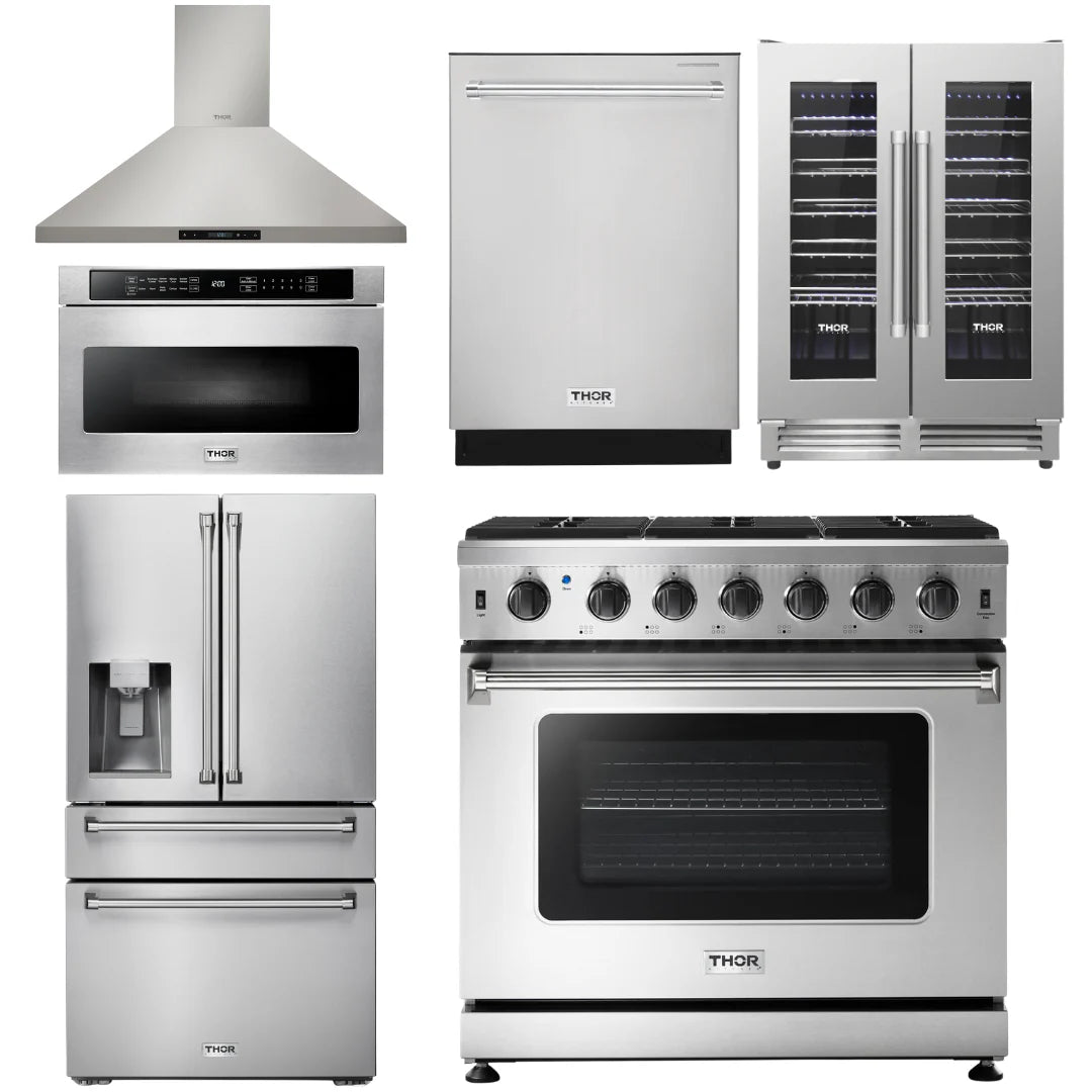 36 Gas Range, Range Hood, Microwave, Refrigerator with Ice Maker, Dishwasher, Wine Cooler V7967