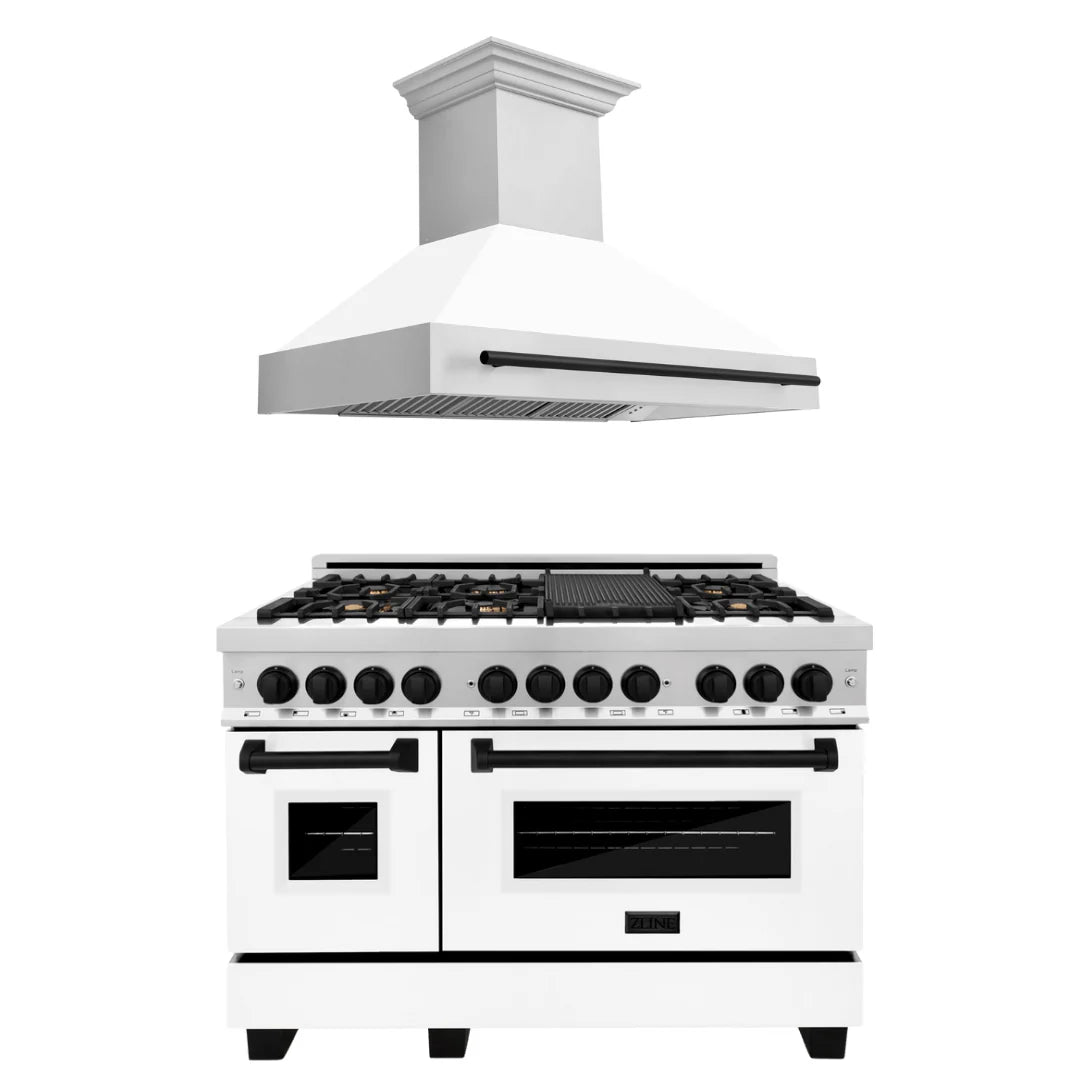 48 In. Dual Fuel Range and Range Hood with White Matte Door B153652