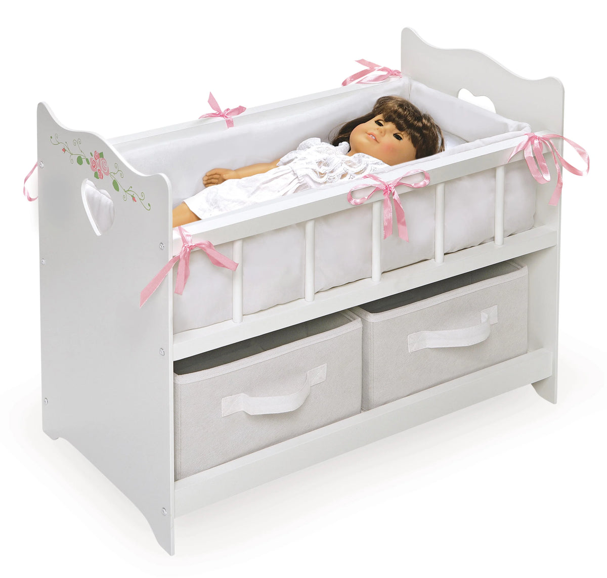 White Rose 100% Polyester Fabric Doll Crib with Two Baskets T25550