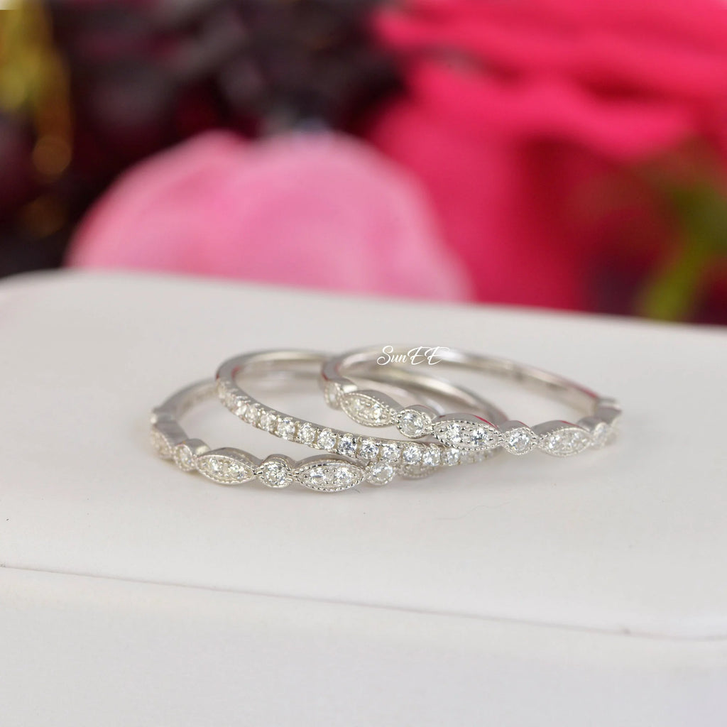 0.7ct Half Eternity Art Deco Wedding Band Stack Promise Ring Diamond Simulated 925 Sterling Silver Anniversary Ring V602174