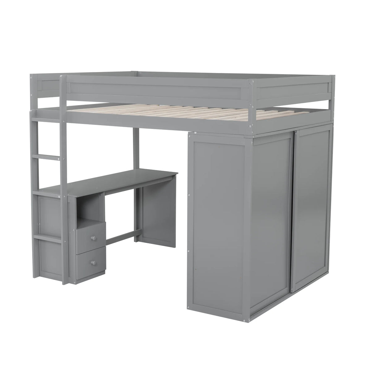 Wood Full Size Loft Bed with Storage Desk, Drawers and Wardrobe Y6554