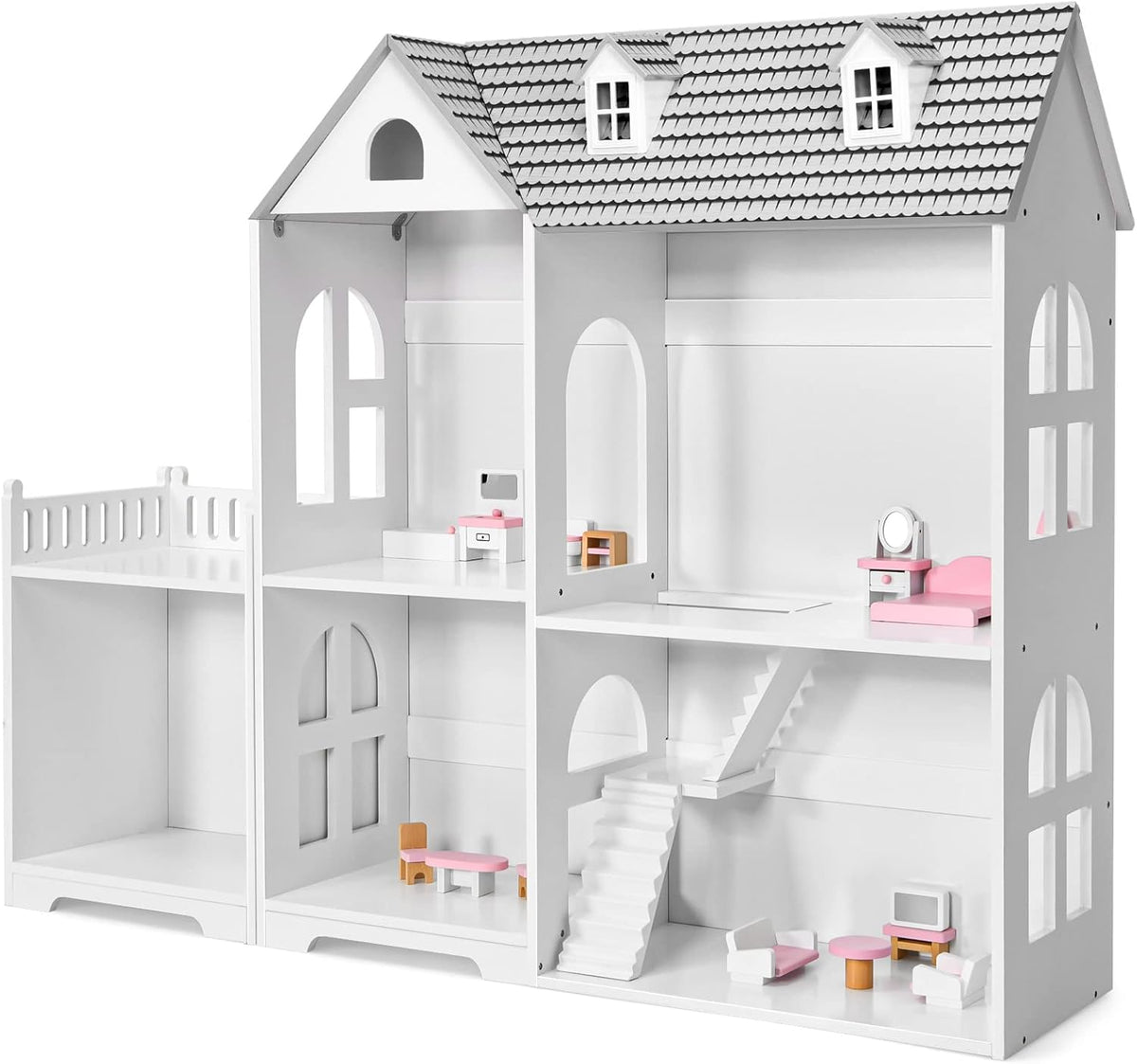 Kids Wooden 2-in-1 Dollhouse Bookcase with 5 Rooms and Hidden Storage S20583
