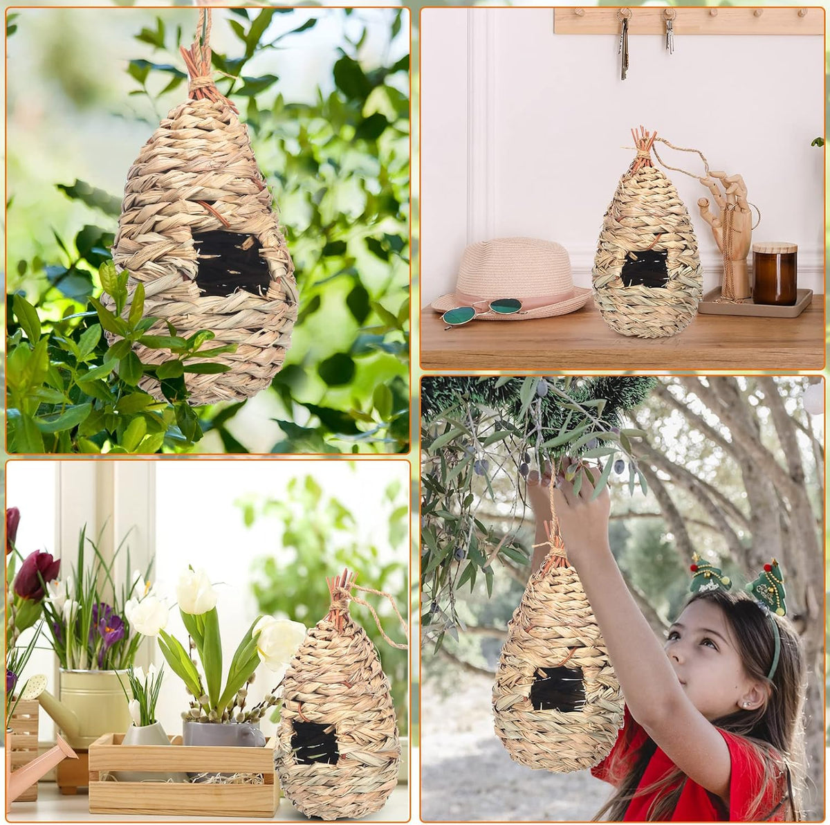 8 Pack 9.45 x 4.33 Inch Hand Woven Natural Fiber Hummingbird Nest Houses X204733