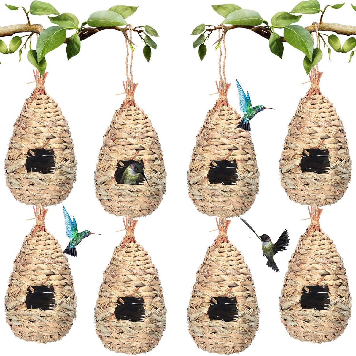 8 Pack 9.45 x 4.33 Inch Hand Woven Natural Fiber Hummingbird Nest Houses X204733