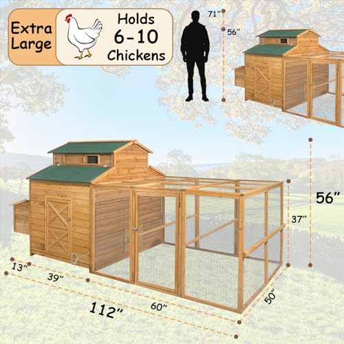 112" Large Wooden Chicken Coop with Chicken Run & Nesting Box T2008