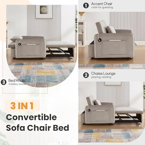 Black Velvet Convertible Sofa Bed Chair with USB Ports X854