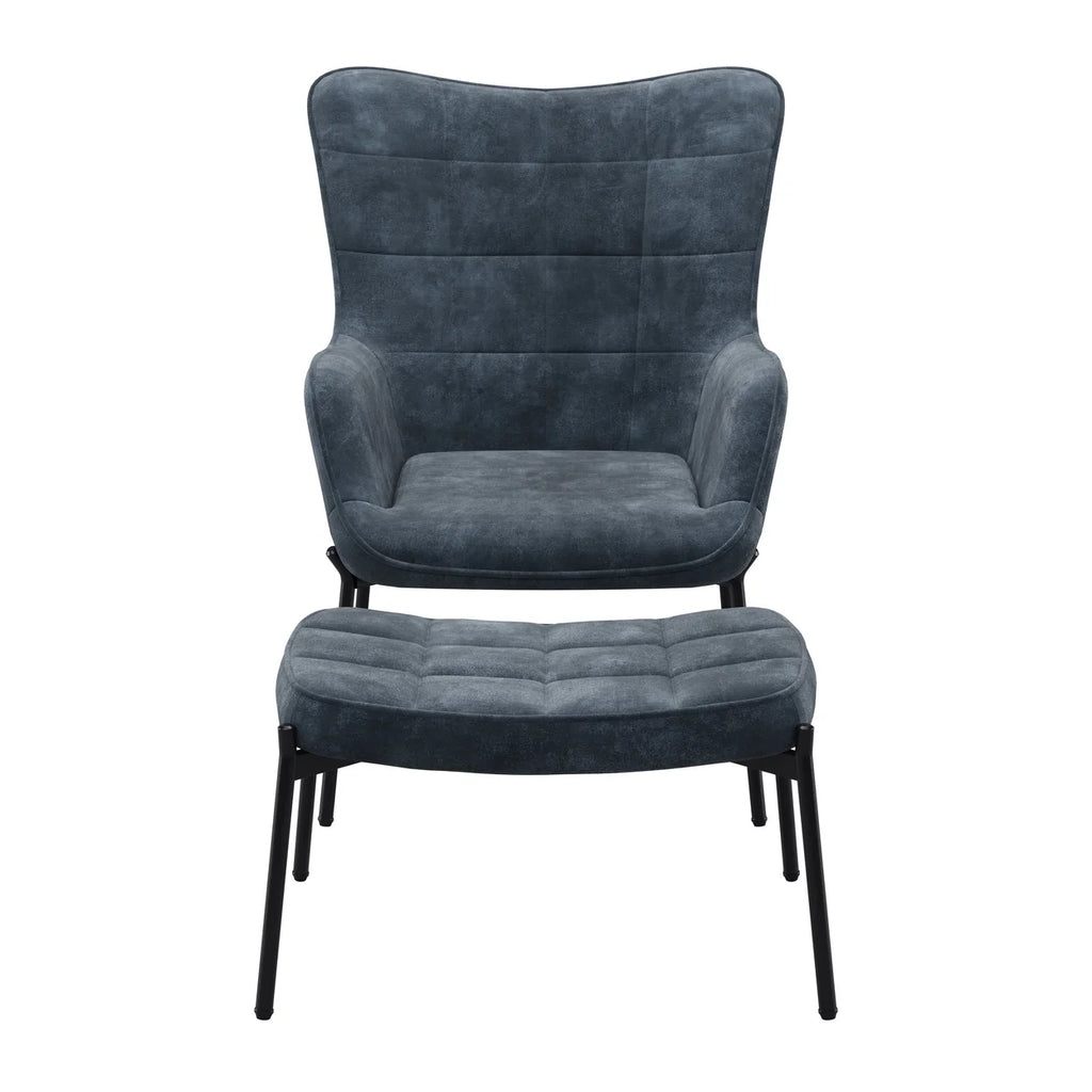 Dark Teal Blue Velvet Wingback Accent Chair with Stool J26940