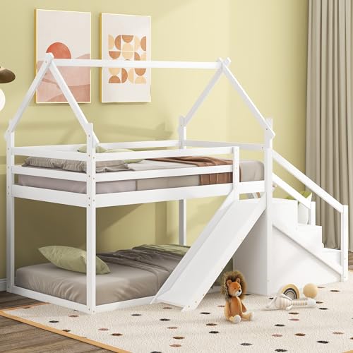 Twin Over Twin Wood House Bunk Bed with Slide and Storage Staircase Y2728