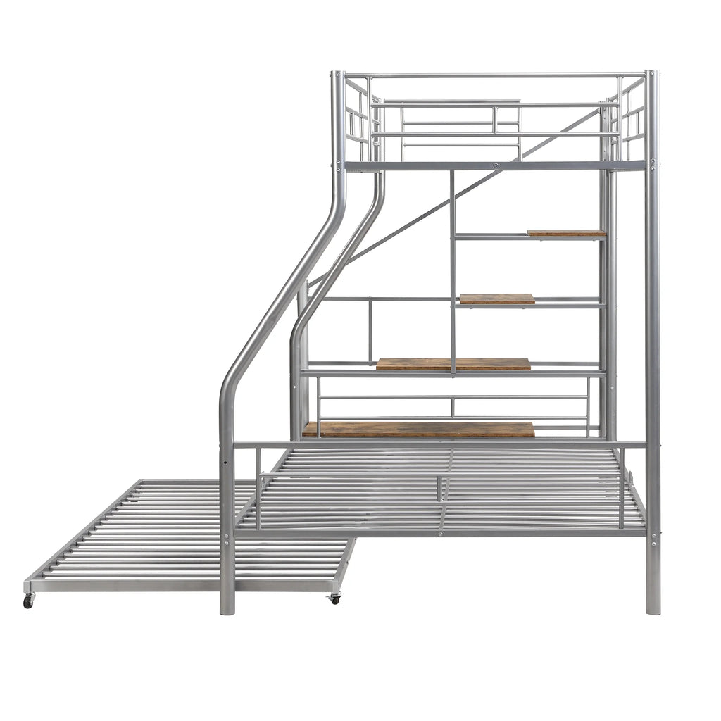 Metal Twin over Full Size Bunk Bed with Storage Staircase and Trundle C733552