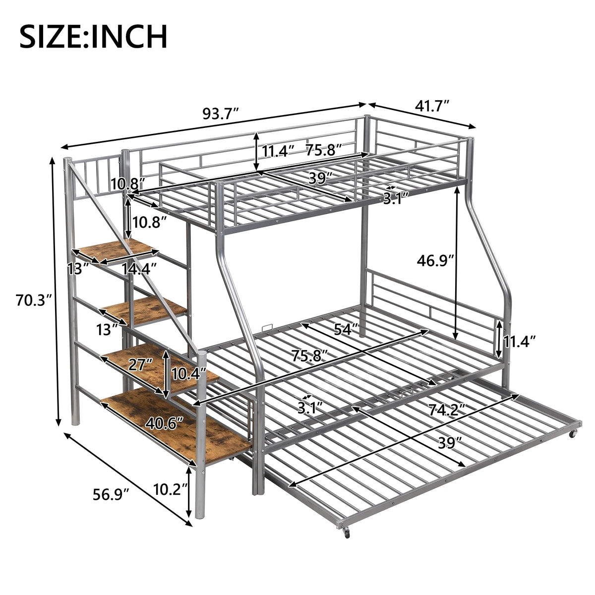 Metal Twin over Full Size Bunk Bed with Storage Staircase and Trundle C733552