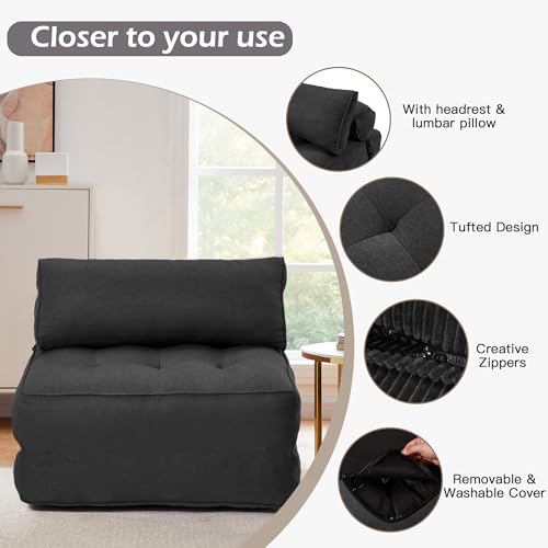 Folding Convertible Sofa Bed with Pillow, Black Linen Fabric N5751
