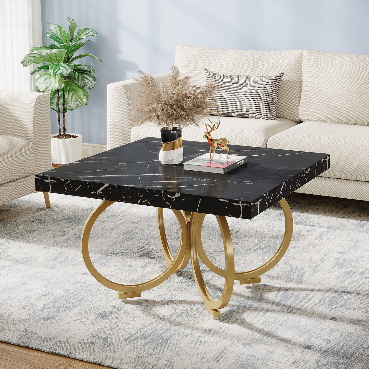 31.5 Inch Square Black Faux Marble Coffee Table J4859