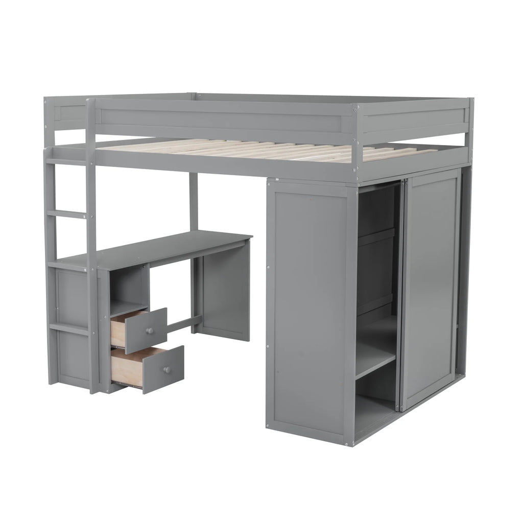 Wood Full Size Loft Bed with Storage Desk, Drawers and Wardrobe Y6554