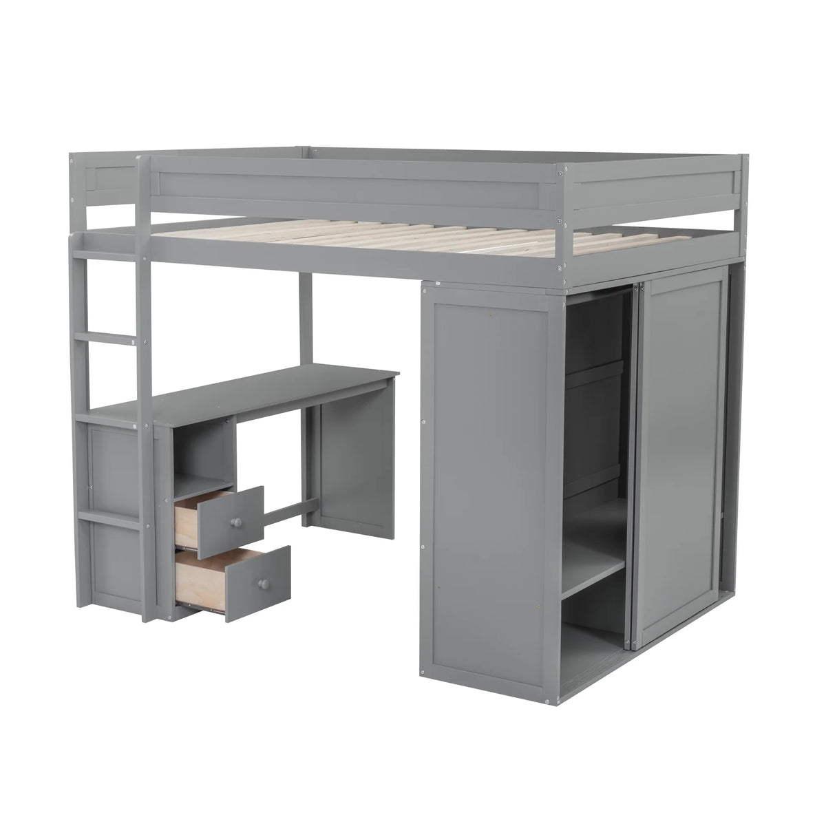 Wood Full Size Loft Bed with Storage Desk, Drawers and Wardrobe Y6554