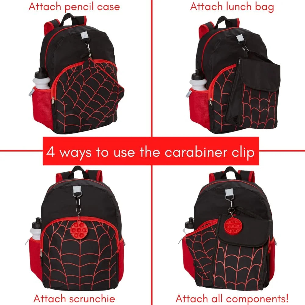 16 inch Red Black Spiderweb Backpack with Lunch Box and Water Bottle X9182