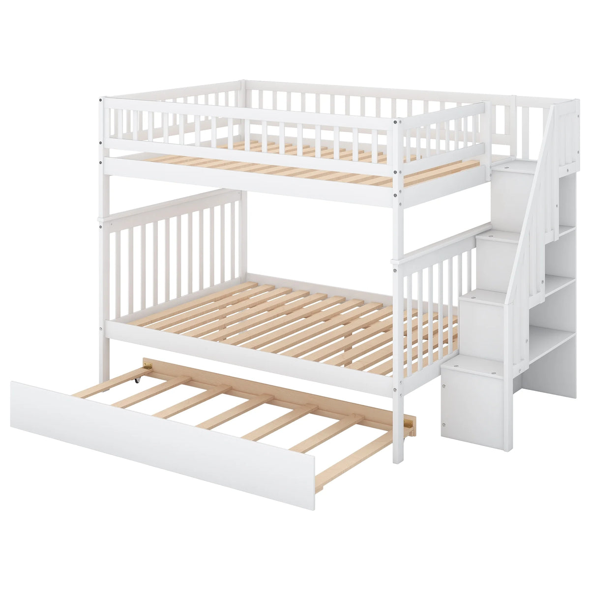 White Full over Full Bunk Bed with Trundle and Storage Shelves H4077