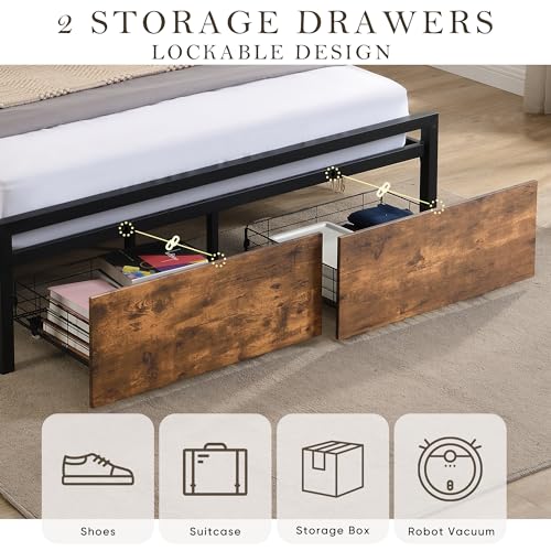 Black Queen Storage Headboard with 2 Drawers Platform Bed R5720
