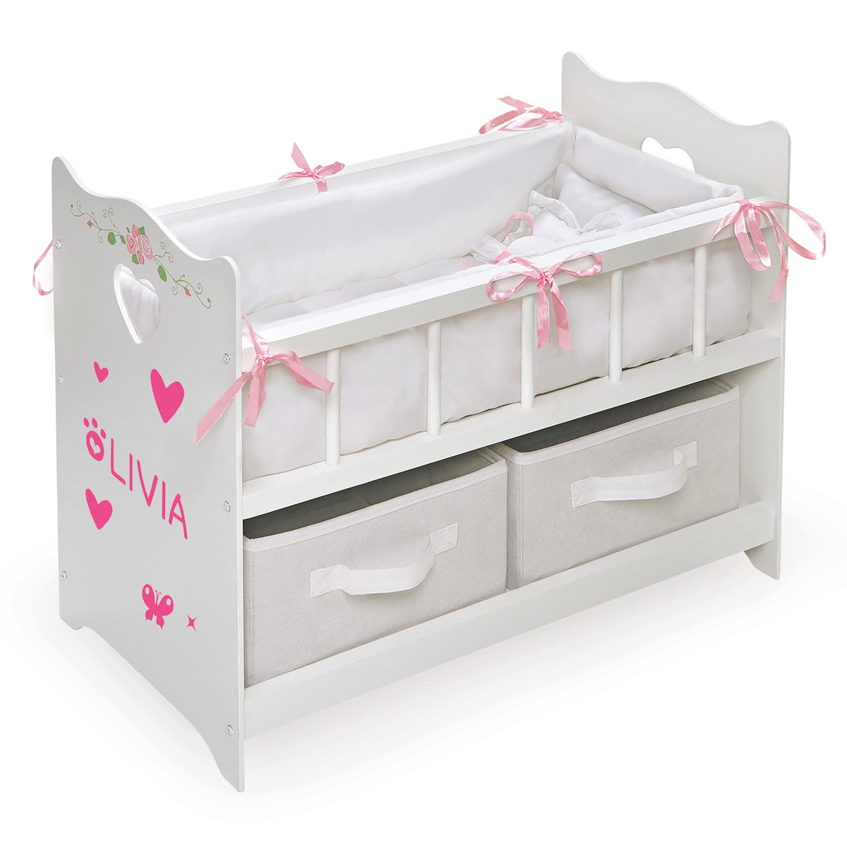 White Rose 100% Polyester Fabric Doll Crib with Two Baskets T25550