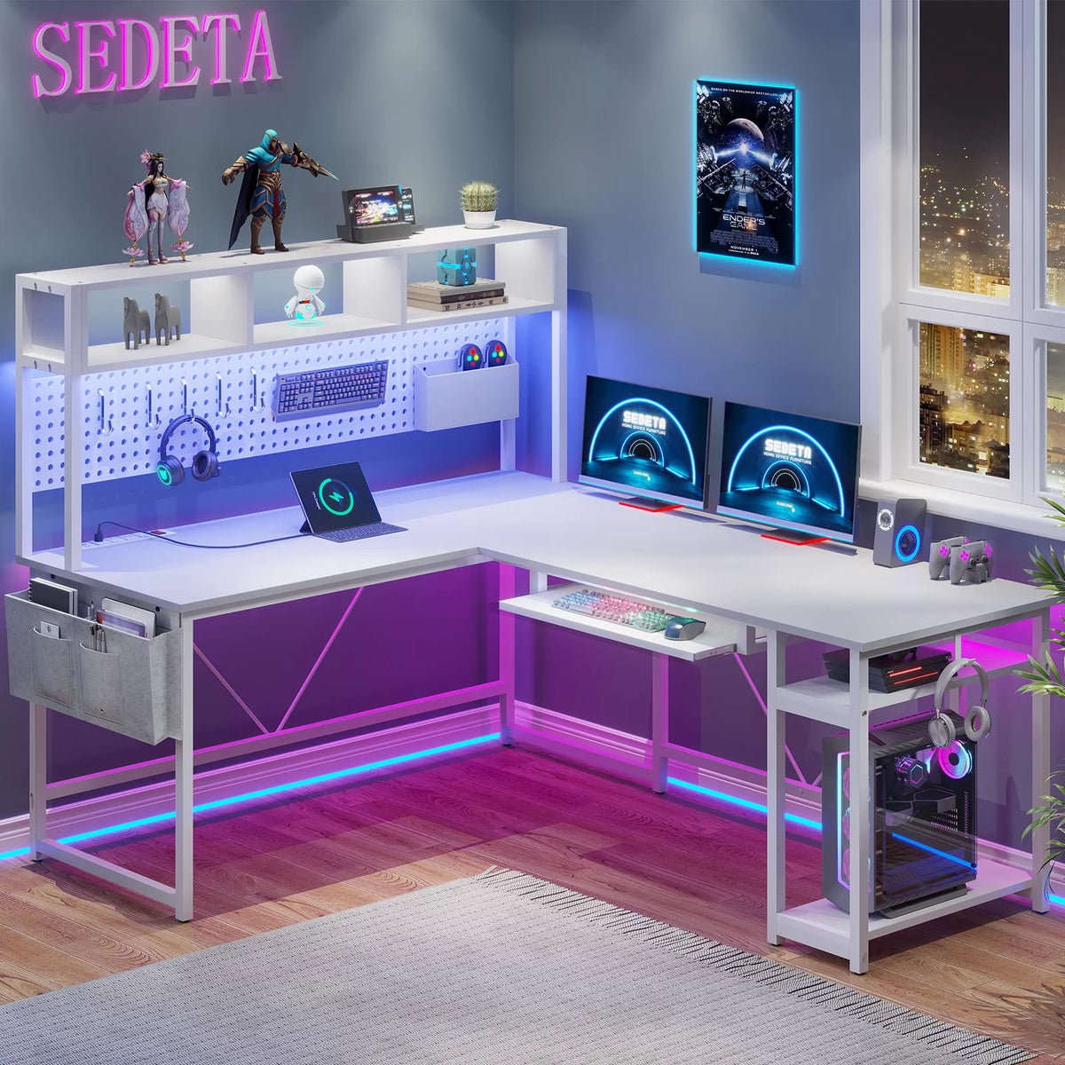 L Shaped Gaming Desk with LED Light and Power Outlet G1502
