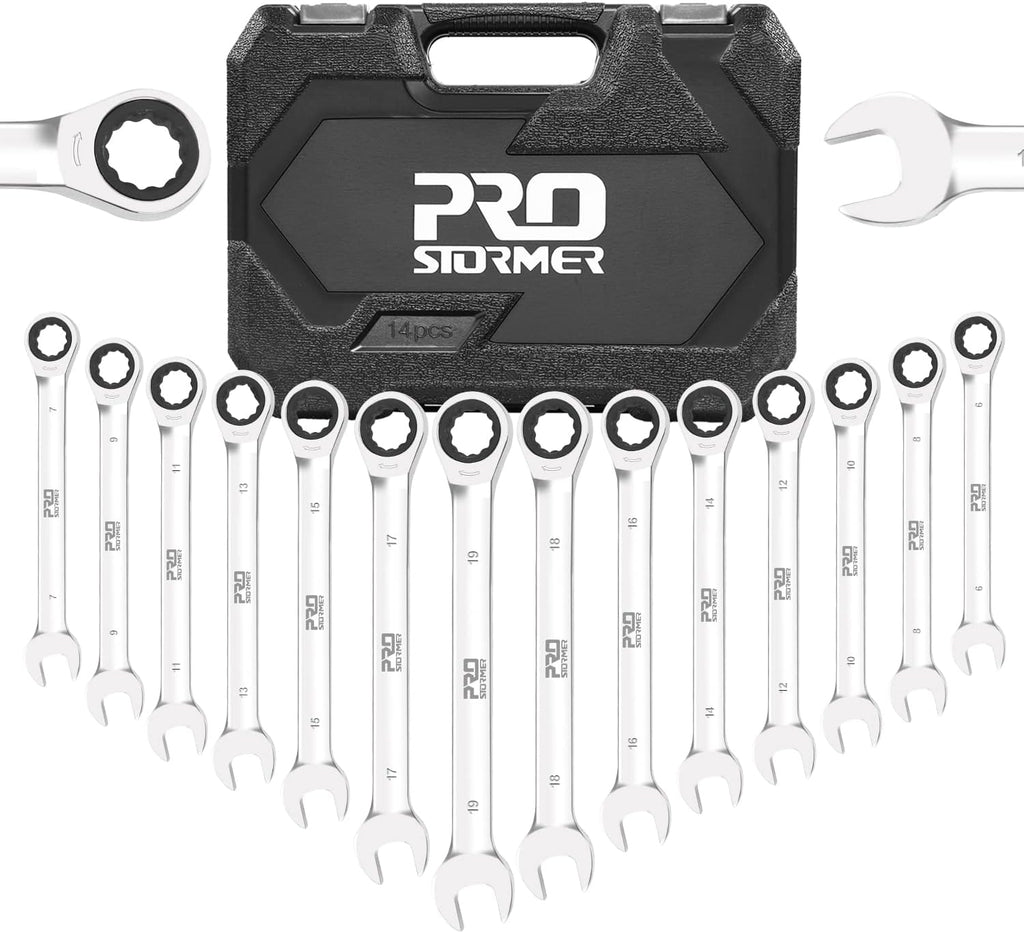 14-Piece Ratcheting Wrench Set, 6-19mm Metric Chrome Vanadium Steel Combination Ended Spanner Kit with Storage Case X6859
