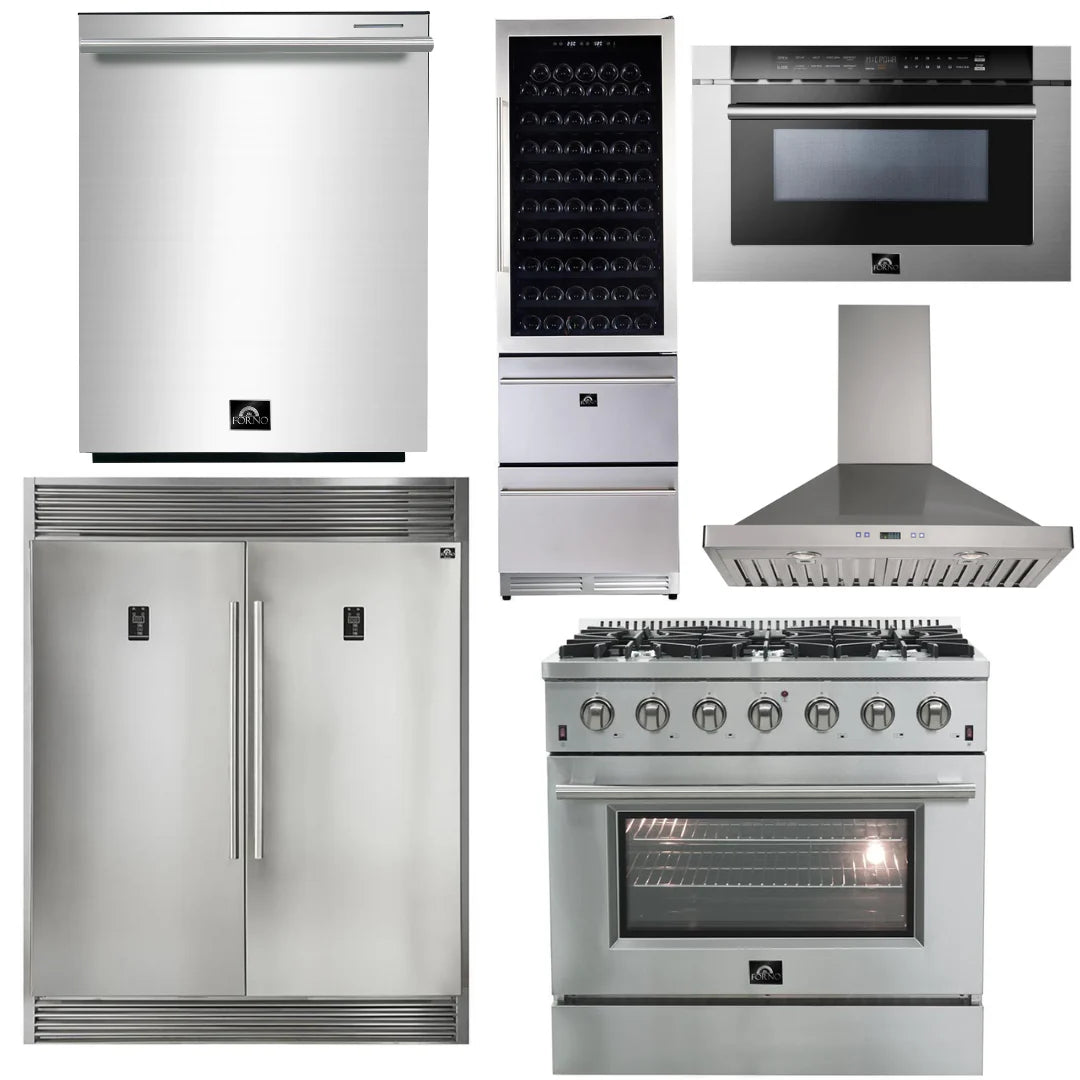 36 Inch Gas Range, Wall Mount Range Hood, Refrigerator, Microwave Drawer, Dishwasher, Wine Cooler I842