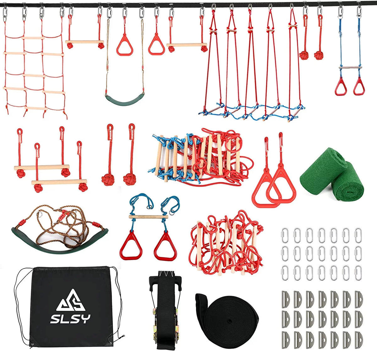 60FT Durable Ninja Slackline Kit with 10 Obstacles & Bag G111