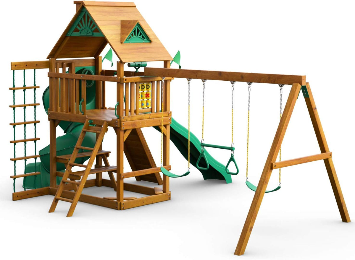 Brown Wooden Swing Set with Two Slides H938