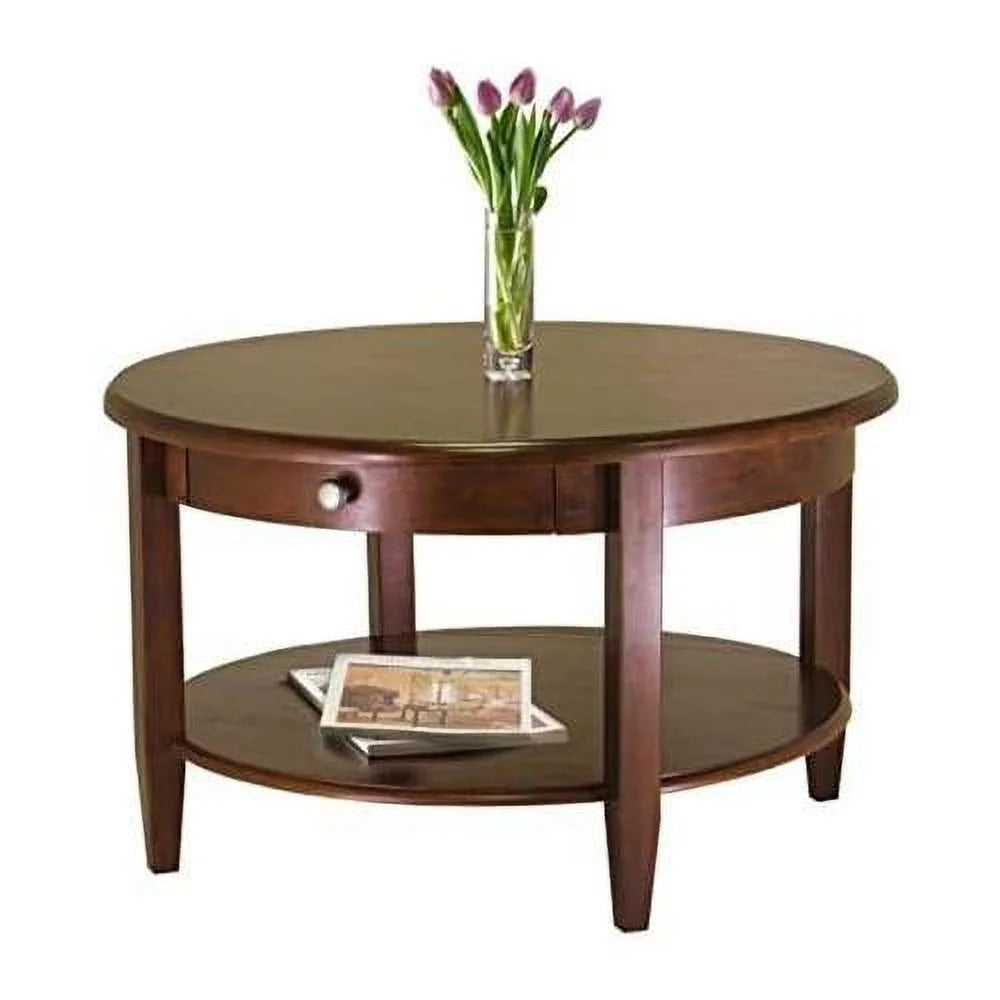Round Wood Coffee Table with Storage Shelf and Drawer Z444