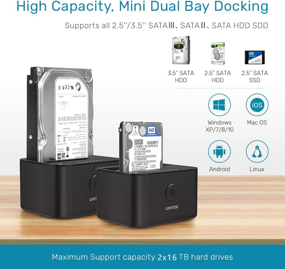 Type C USB 3.0 to SATA Dual Bay External Hard Drive Docking Station for 2.5/3.5-inch HDD SSD B88394