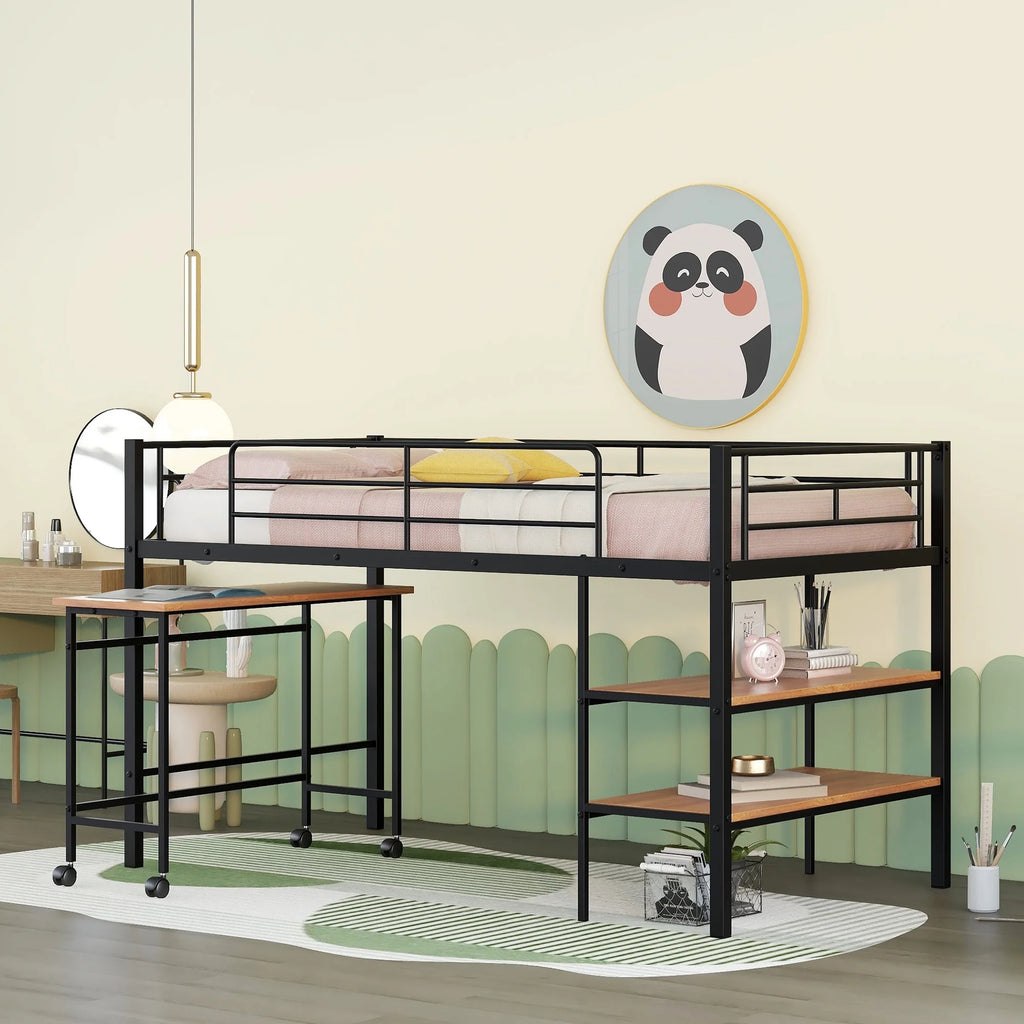 Twin Size Black Metal Loft Bed with Desk and Shelving Y2279