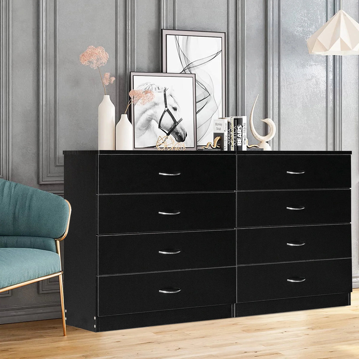 Black 4 Drawer Wood Dresser Y90070