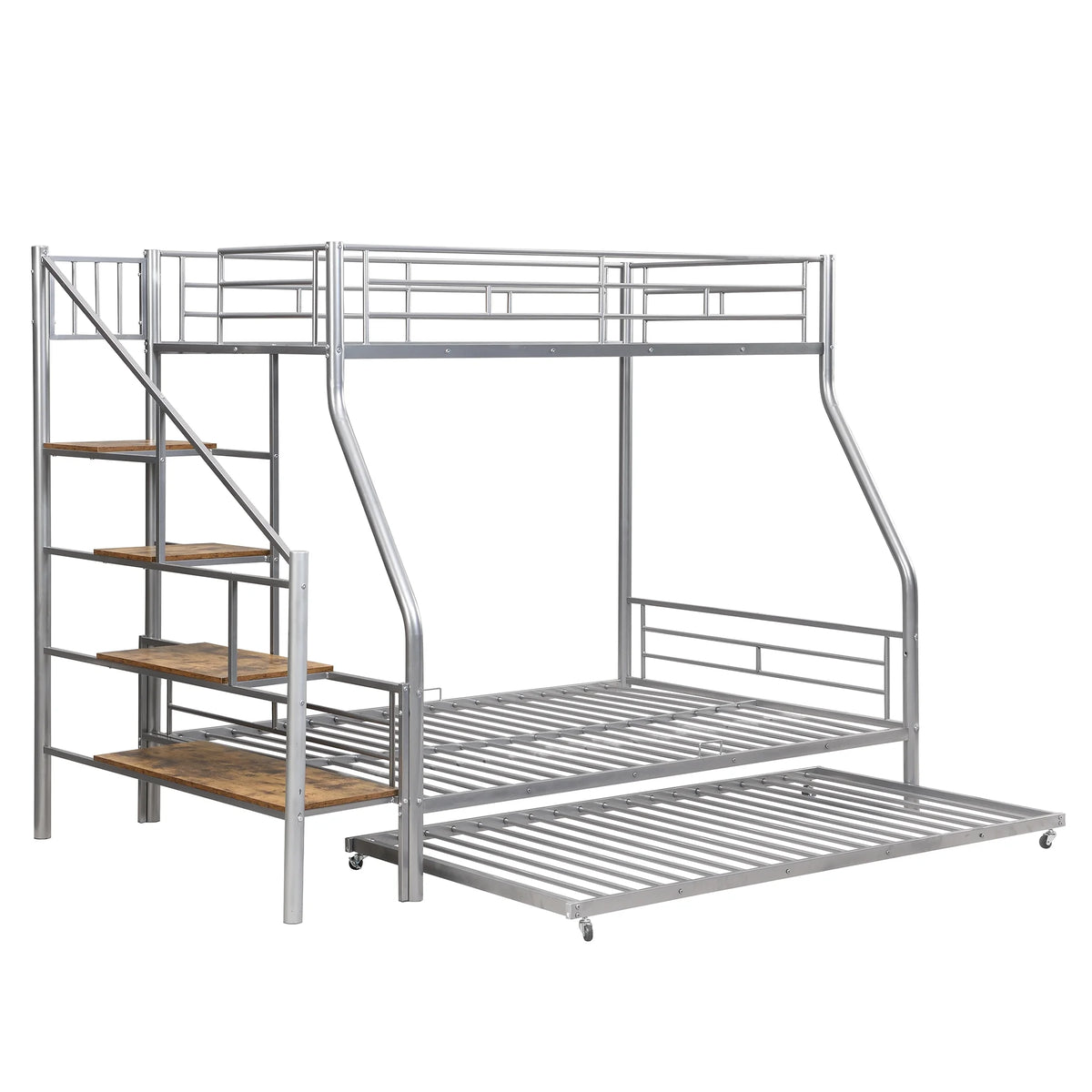 Metal Twin over Full Size Bunk Bed with Storage Staircase and Trundle C733552